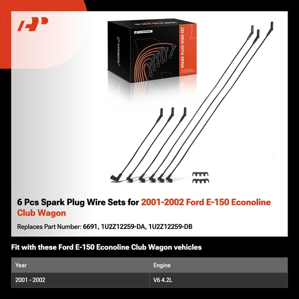 6 Pcs Spark Plug Wire Sets for 2001-2002 Ford E-150 Econoline Club Wagon