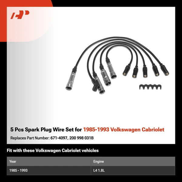 5 Pcs Spark Plug Wire Set for 1985-1993 Volkswagen Cabriolet
