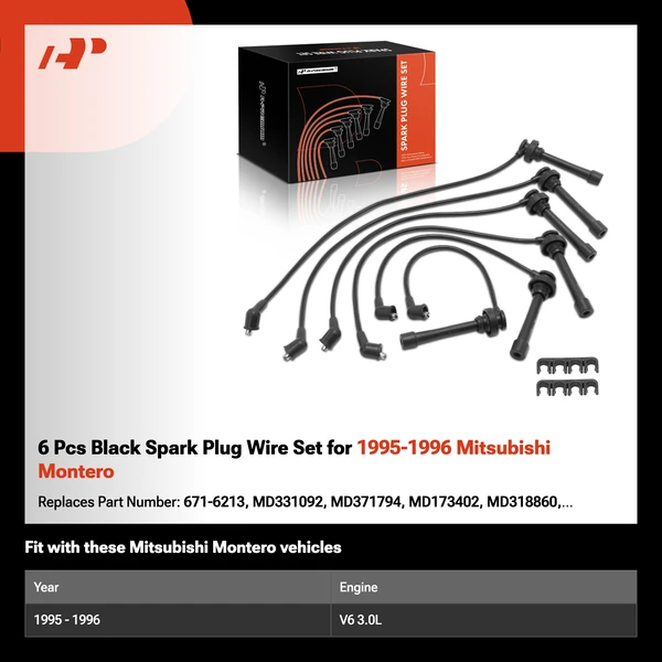 6 Pcs Black Spark Plug Wire Set for 1995-1996 Mitsubishi Montero