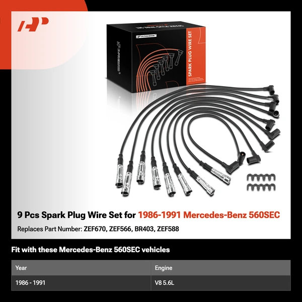 9 Pcs Spark Plug Wire Set for 1986-1991 Mercedes-Benz 560SEC