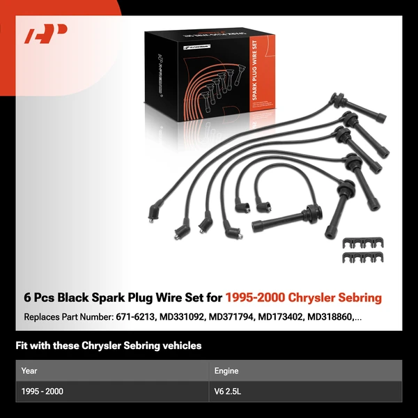 6 Pcs Black Spark Plug Wire Set for 1995-2000 Chrysler Sebring