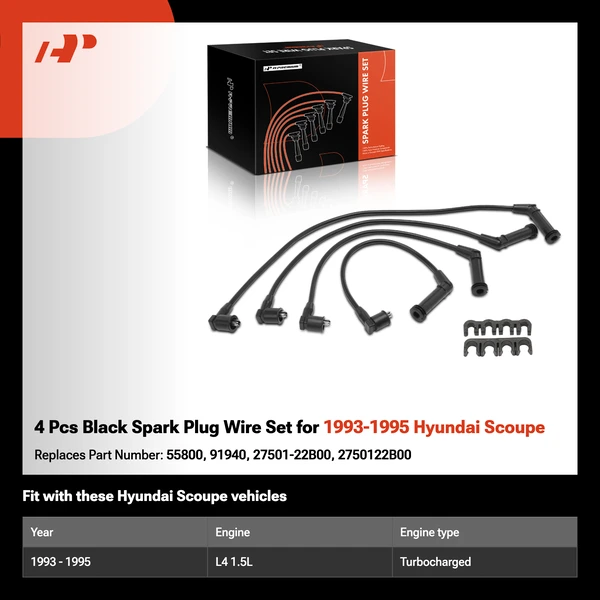 4 Pcs Black Spark Plug Wire Set for 1993-1995 Hyundai Scoupe