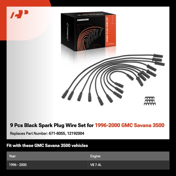 9 Pcs Black Spark Plug Wire Set for 1996-2000 GMC Savana 3500