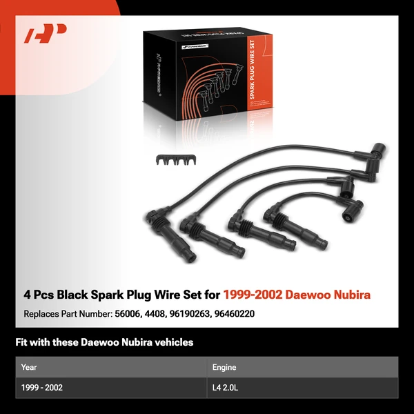 4 Pcs Black Spark Plug Wire Set for 1999-2002 Daewoo Nubira