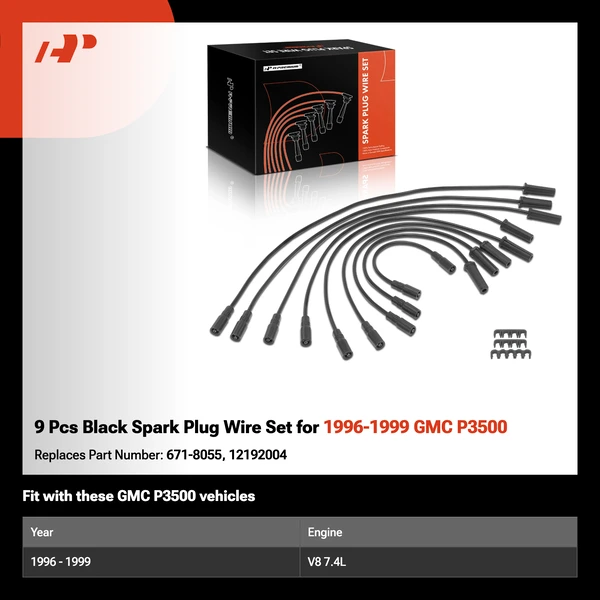 9 Pcs Black Spark Plug Wire Set for 1996-1999 GMC P3500