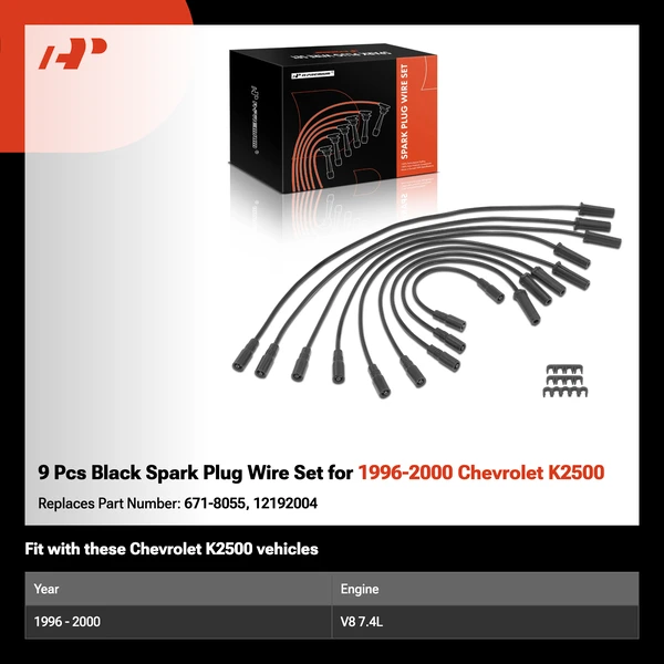 9 Pcs Black Spark Plug Wire Set for 1996-2000 Chevrolet K2500