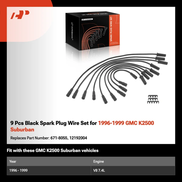 9 Pcs Black Spark Plug Wire Set for 1996-1999 GMC K2500 Suburban