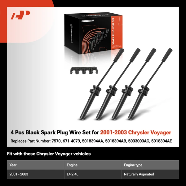 4 Pcs Black Spark Plug Wire Set for 2001-2003 Chrysler Voyager