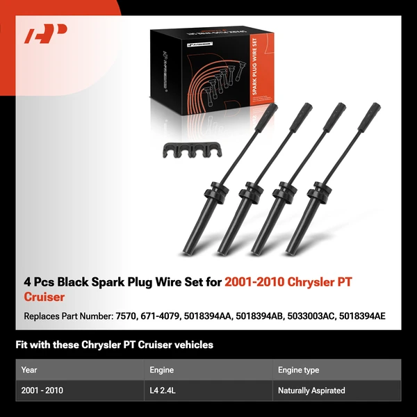 4 Pcs Black Spark Plug Wire Set for 2001-2010 Chrysler PT Cruiser