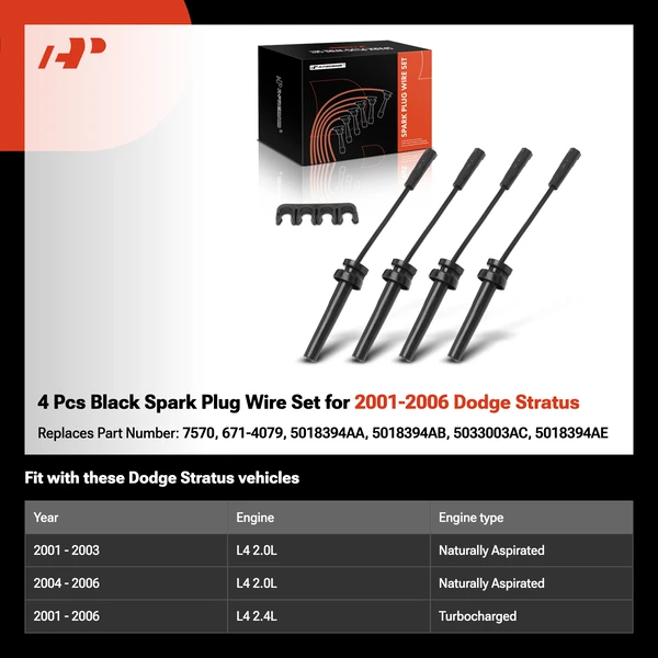 4 Pcs Black Spark Plug Wire Set for 2001-2006 Dodge Stratus