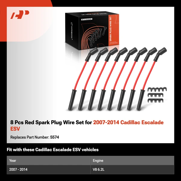 8 Pcs Red Spark Plug Wire Set for 2007-2014 Cadillac Escalade ESV
