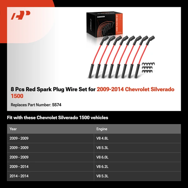 8 Pcs Red Spark Plug Wire Set for 2009-2014 Chevrolet Silverado 1500