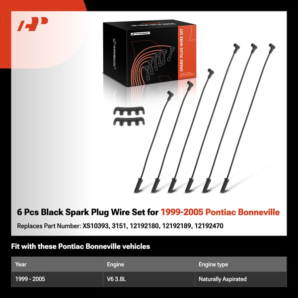 6 Pcs Black Spark Plug Wire Set for 1999-2005 Pontiac Bonneville
