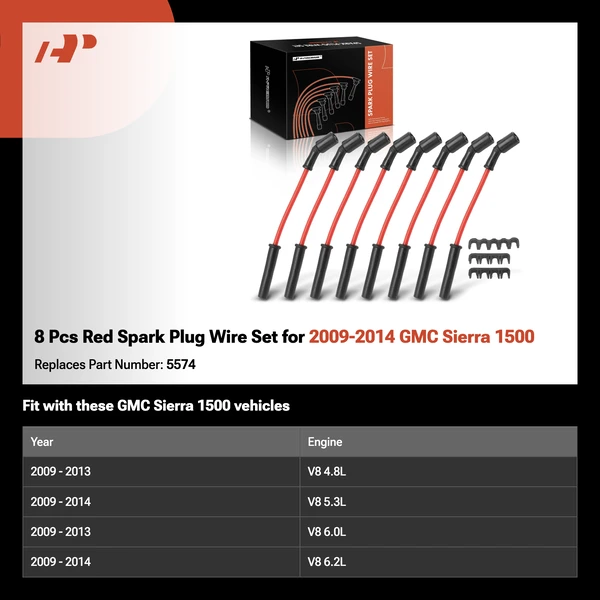 8 Pcs Red Spark Plug Wire Set for 2009-2014 GMC Sierra 1500