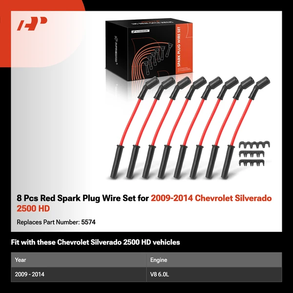 8 Pcs Red Spark Plug Wire Set for 2009-2014 Chevrolet Silverado 2500 HD