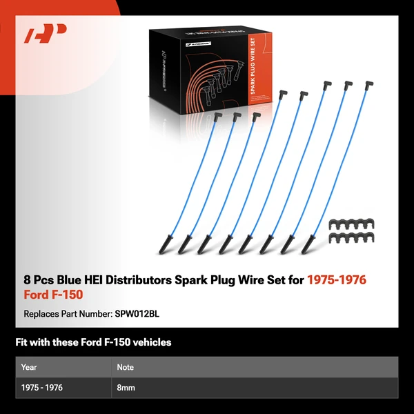 8 Pcs Blue HEI Distributors Spark Plug Wire Set for 1975-1976 Ford F-150