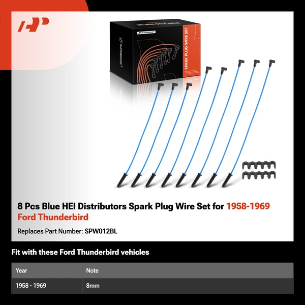 8 Pcs Blue HEI Distributors Spark Plug Wire Set for 1958-1969 Ford Thunderbird