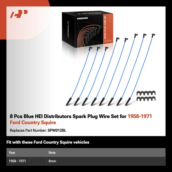 8 Pcs Blue HEI Distributors Spark Plug Wire Set for 1958-1971 Ford Country Squire