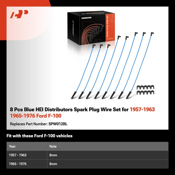 8 Pcs Blue HEI Distributors Spark Plug Wire Set for 1957-1963 1965-1976 Ford F-100