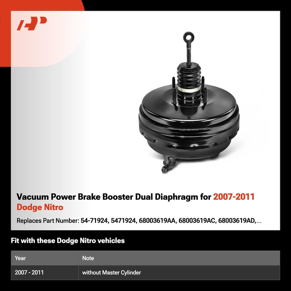 Vacuum Power Brake Booster Dual Diaphragm for 2007-2011 Dodge Nitro