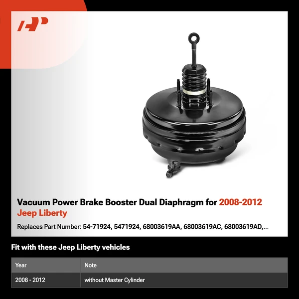 Vacuum Power Brake Booster Dual Diaphragm for 2008-2012 Jeep Liberty
