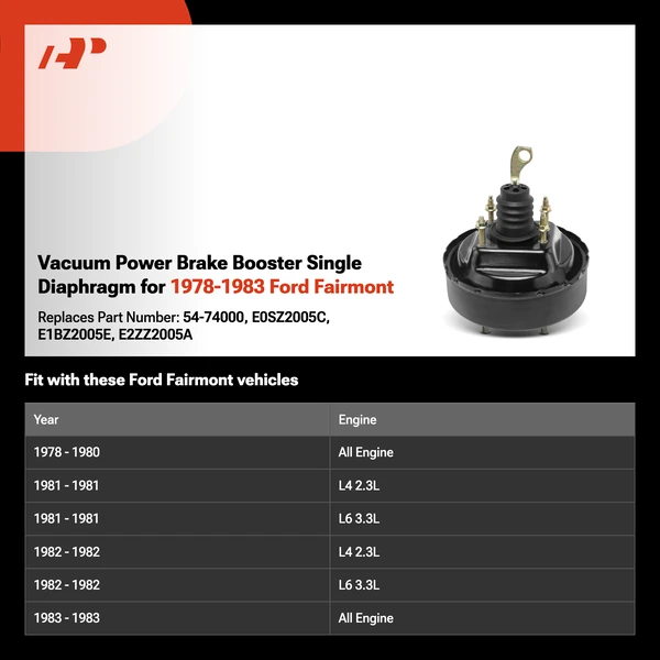Vacuum Power Brake Booster Single Diaphragm for 1978-1983 Ford Fairmont