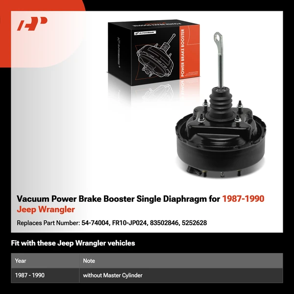 Vacuum Power Brake Booster Single Diaphragm for 1987-1990 Jeep Wrangler