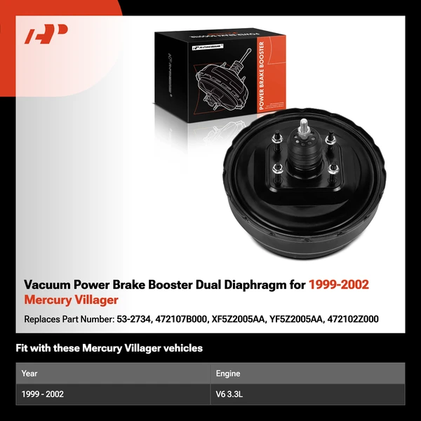 Vacuum Power Brake Booster Dual Diaphragm for 1999-2002 Mercury Villager