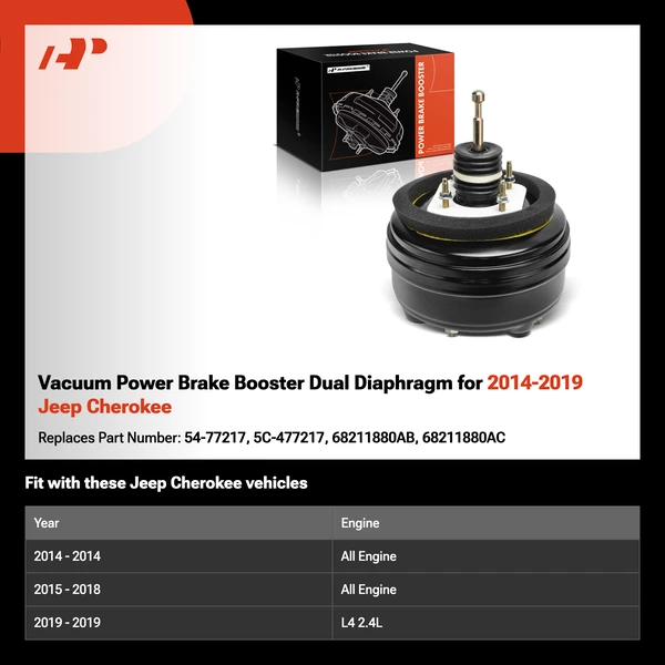 Vacuum Power Brake Booster Dual Diaphragm for 2014-2019 Jeep Cherokee