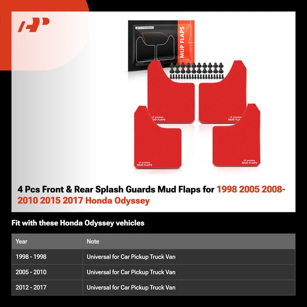 4 Pcs Front & Rear Splash Guards Mud Flaps for 1998 2005 2008-2010 2015 2017 Honda Odyssey