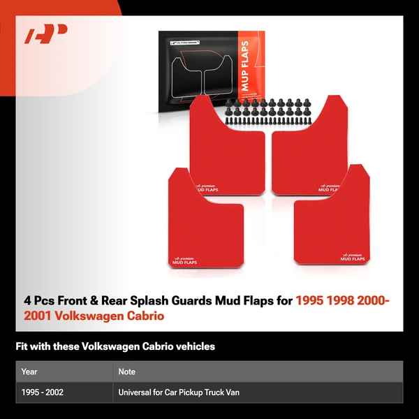 4 Pcs Front & Rear Splash Guards Mud Flaps for 1995 1998 2000-2001 Volkswagen Cabrio