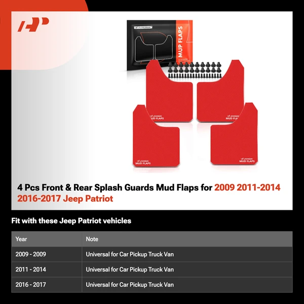 4 Pcs Front & Rear Splash Guards Mud Flaps for 2009 2011-2014 2016-2017 Jeep Patriot