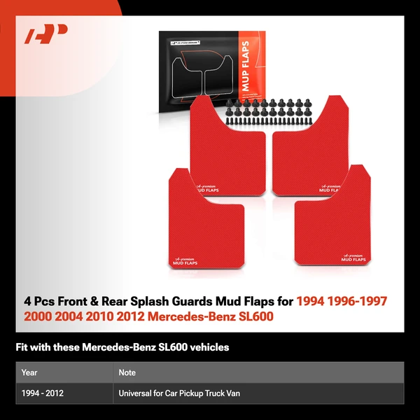 4 Pcs Front & Rear Splash Guards Mud Flaps for 1994 1996-1997 2000 2004 2010 2012 Mercedes-Benz SL600