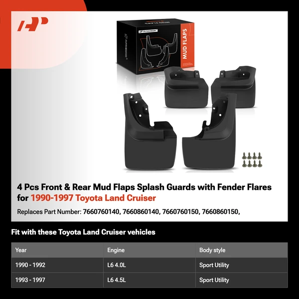 4 Pcs Front & Rear Mud Flaps Splash Guards with Fender Flares for 1990-1997 Toyota Land Cruiser