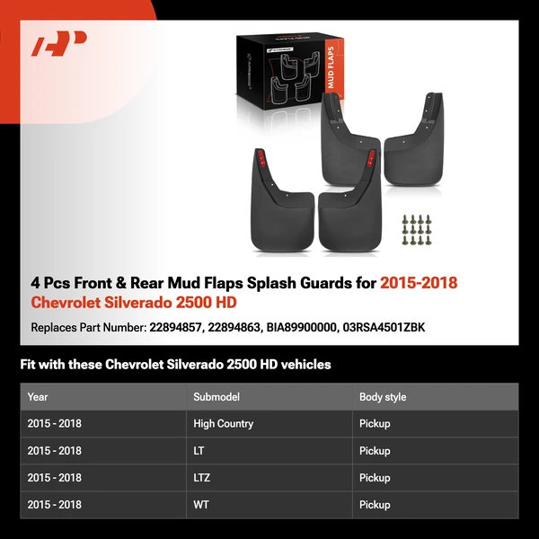 4 Pcs Front & Rear Mud Flaps Splash Guards for 2015-2018 Chevrolet Silverado 2500 HD