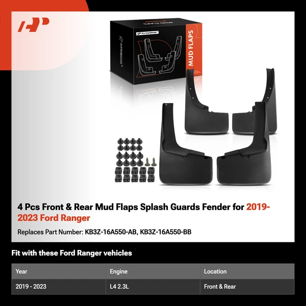 4 Pcs Front & Rear Mud Flaps Splash Guards Fender for 2019-2023 Ford Ranger