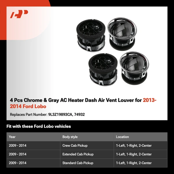 4 Pcs Chrome & Gray AC Heater Dash Air Vent Louver for 2013-2014 Ford Lobo