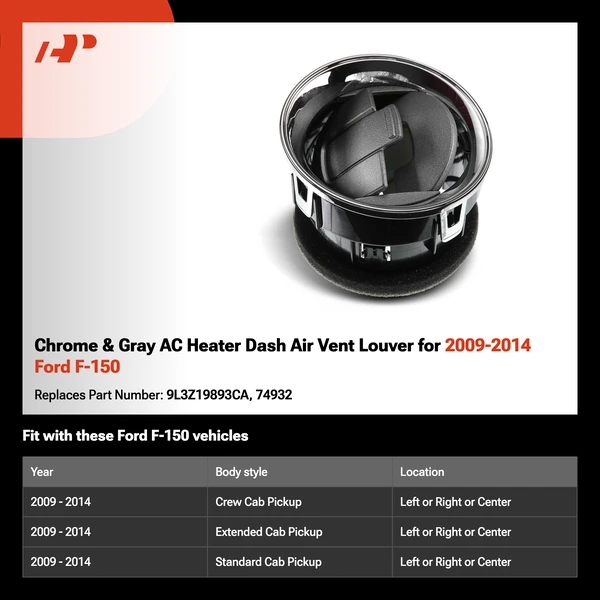 Chrome & Gray AC Heater Dash Air Vent Louver for 2009-2014 Ford F-150