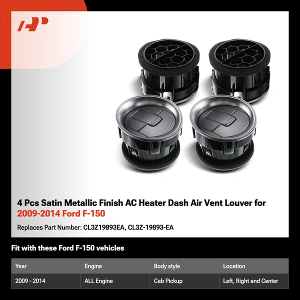 4 Pcs Satin Metallic Finish AC Heater Dash Air Vent Louver for 2009-2014 Ford F-150