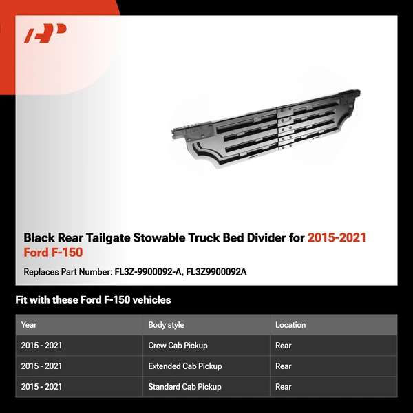 Black Rear Tailgate Stowable Truck Bed Divider for 2015-2021 Ford F-150