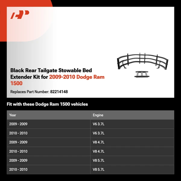 Black Rear Tailgate Stowable Bed Extender Kit for 2009-2010 Dodge Ram 1500