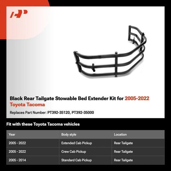 Black Rear Tailgate Stowable Bed Extender Kit for 2005-2022 Toyota Tacoma