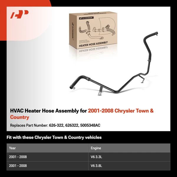 HVAC Heater Hose Assembly for 2001-2008 Chrysler Town & Country