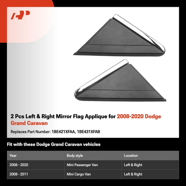 2 Pcs Left & Right Mirror Flag Applique for 2008-2020 Dodge Grand Caravan