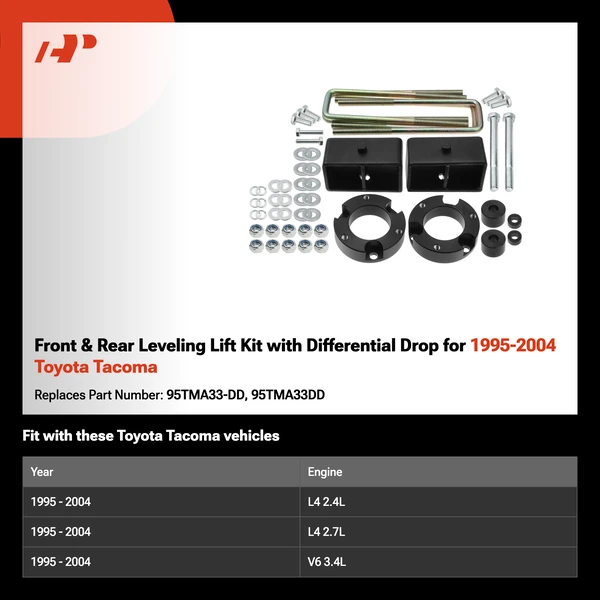 Front & Rear Leveling Lift Kit with Differential Drop for 1995-2004 Toyota Tacoma