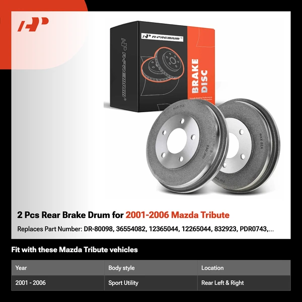 2 Pcs Rear Brake Drum for 2001-2006 Mazda Tribute