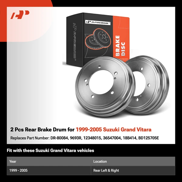 2 Pcs Rear Brake Drum for 1999-2005 Suzuki Grand Vitara