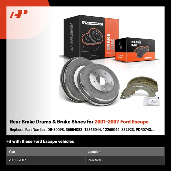 Rear Brake Drums & Brake Shoes for 2001-2007 Ford Escape