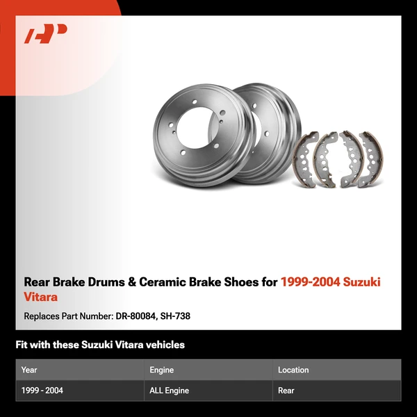 Rear Brake Drums & Ceramic Brake Shoes for 1999-2004 Suzuki Vitara