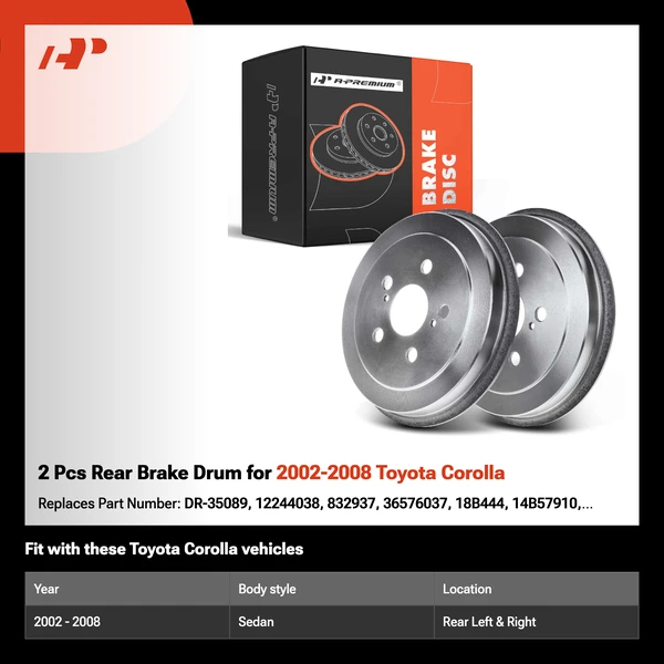 2 Pcs Rear Brake Drum for 2002-2008 Toyota Corolla